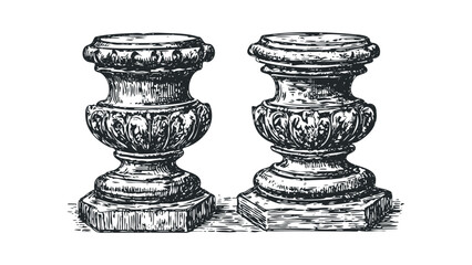 Antique urns ornate decorative statues carved stone pedestals. Vector hand drawn illustration