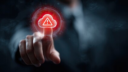 A finger touches a glowing red cloud icon with an exclamation mark, signifying a cloud computing issue