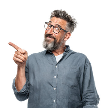 Smiling bearded man pointing left on transparent background