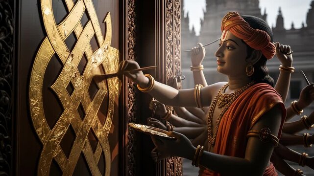 Celebrating vishwakarma puja bhagwan jayanti with the divine architect decorating a sacred door symbolizing creation