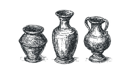 Sketch of three antique amphorae and vases on white. Vector hand drawn illustration