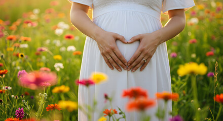 Expectant mother gently cradling her baby bump with a heart gesture amidst a vibrant field of blooming wildflowers.