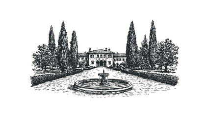 Architectural sketch of a grand manor house with a fountain and trees. Vector hand drawn illustration