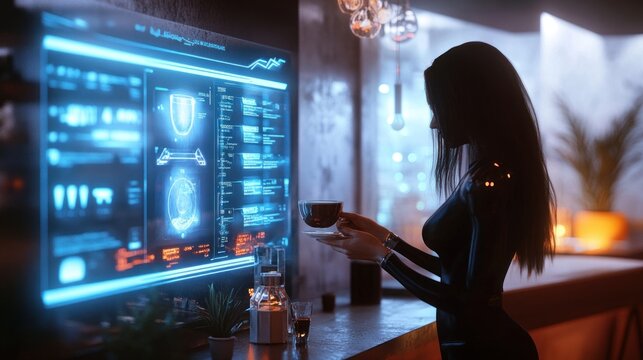 Futuristic morning ritual: Woman with coffee analyzing digital data in modern home