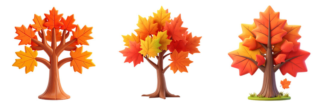 Three 3D Plastic Cartoon Maple Trees In Autumn Colors Isolated On Transparent Background Offering A Playful And Vibrant Depiction