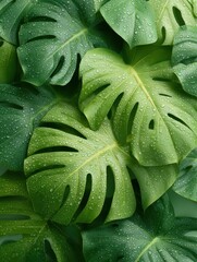Obraz premium Premium Tropical Monstera Leaves with Water Droplets Overhead View Authentic Natural Texture for Modern Lifestyle and Wellness Marketing Content