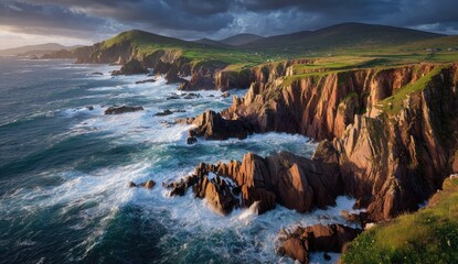 Dramatic coastal cliffs meet churning ocean waves under stormy sky