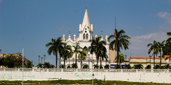 Fototapeta Palm trees and the facade of the Church of Our Lady of Remedies in Gonçalves Dias Square, city of São Luis, capital of the state of Maranhão, northeastern Brazil