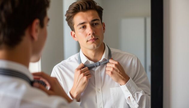 Young man adjusting tie while looking in mirror indoors  
