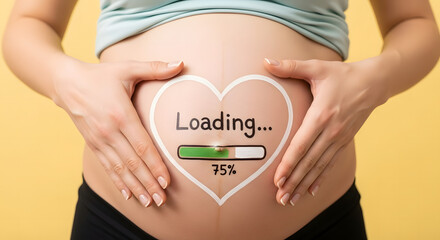 A pregnant woman cradles her belly, which has a heart and a loading bar at 75% painted on it.