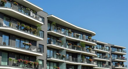 Fototapeta premium Modern grey apartment building with balconies decorated with colorful flowers against a clear blue sky