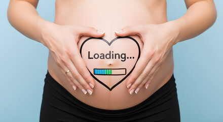 A pregnant woman's hands create a heart shape on her belly, framing a "Loading..." message with a colorful progress bar.