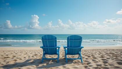 Retirement dreams and investment strategies symbolized by empty blue beach chairs with an ocean backdrop.