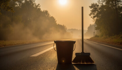 Cleaning tools on empty road during sunrise with fog in background  
