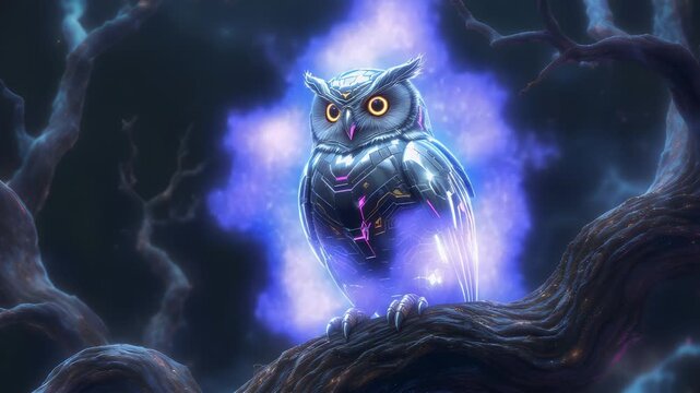 mecha black and white owl illustration with big eyes 