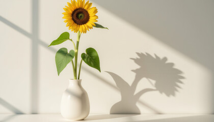 Sunflower in white vase casting shadow on neutral background  