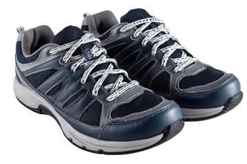 Navy and gray athletic shoes.  Pairs of sports shoes,  close-up,  on black background.  Lace-up design,  mesh upper,  rubber soles.  Durable,  comfortable,  lightweight,  performance-oriented
