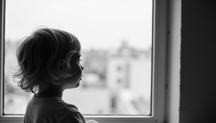 Young child looking out the window with a thoughtful expression  