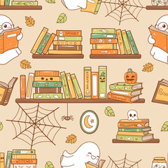 Cozy Bookish Ghost Seamless Pattern, Ghost Reading Halloween Fabric Design Vector