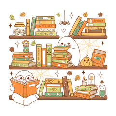 Halloween Bookshelf Hand Drawn Vector, Ghost Reading Halloween Cartoon Doodle Design