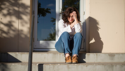 Young woman sitting on steps with a distressed expression outdoors  