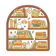 Halloween Bookshelf with Colorful Spooky Books and Magic Potions Pumpkin Hand Drawn Design Vector illustration