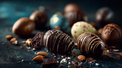 Indulge in decadent chocolate Easter eggs adorned with nuts and drizzles, creating a luxurious and festive holiday treat perfect for seasonal celebrations.