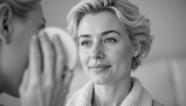 Woman applying skincare while looking in the mirror at home