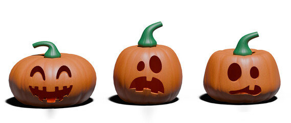 Row of Funny A jack-o'-lantern, isolate on transparency background 