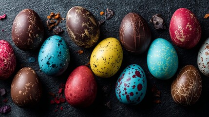 Indulge in vibrant, artistically decorated chocolate Easter eggs, a luxurious treat perfect for festive celebrations and gourmet gifting occasions