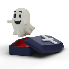 Fabric cute funny Ghost character and coffin isolate on transparent background.