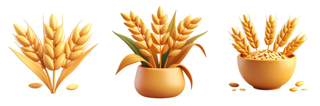 3D Plastic Style Illustration Of Three Oats Arrangements Isolated Against Transparent Background Featuring Golden Ears Of Wheat With Green Leaves In Earthy Tones