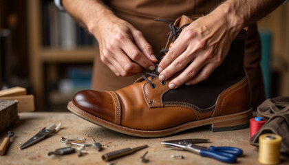 Craftsman lacing up leather boot in workshop with tools on table