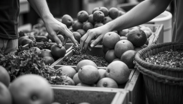 Hands selecting fresh produce at a market with apples and herbs  