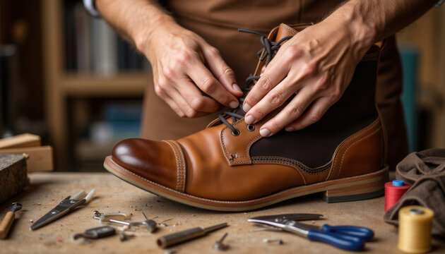 Craftsman lacing up leather boot in workshop with tools on table   - Powered by Adobe