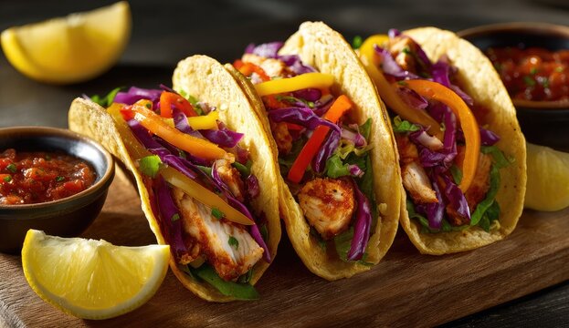 Three chicken tacos with red cabbage, bell peppers, and a salsa
