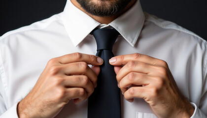 Man adjusting a dark tie while wearing a white shirt indoors  