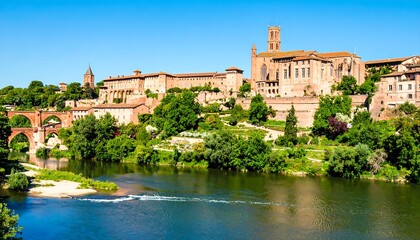 Panoramic view of a medieval European city by a river