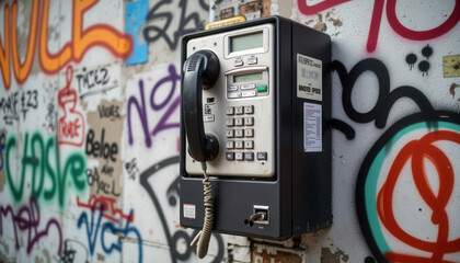 Payphone on graffiti-covered wall in urban setting  