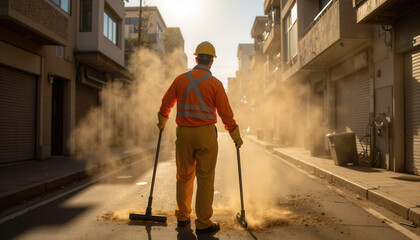 Construction worker sweeping dust on street during golden hour