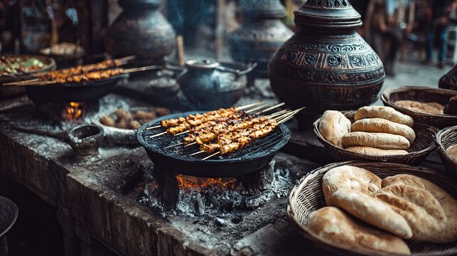 Savor the authentic taste of grilled skewers and fresh bread, a vibrant culinary experience evoking warmth and tradition.
