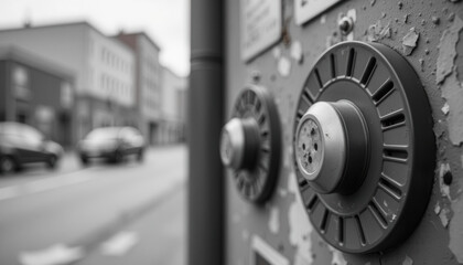 Close-up of industrial knobs on a weathered wall by the street  