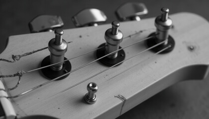 Guitar headstock with tuning pegs and strings in black and white  