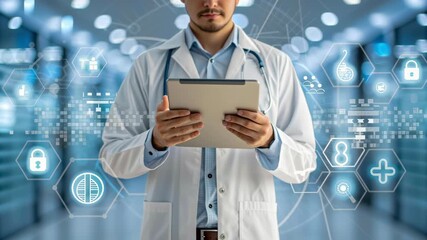 AI Threats Healthcare Systems Doctor with Tablet Hospital Navigates Digital Network, Data Security, Technology Risks, Privacy, Protection - Powered by Adobe