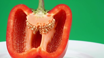 Halved Red Bell Pepper with Visible Seeds and Interior. Fresh Vegetable on White Plate Against Green Background - Powered by Adobe