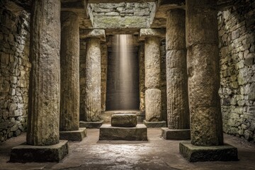 Sunbeam illuminates ancient stone chamber with pillars and central altar