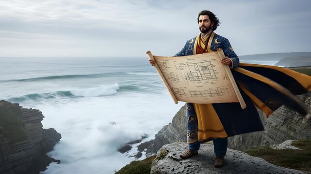 A wise, bearded man in an ornate, celestial-patterned robe stands on a dramatic cliff overlooking a powerful, crashing ocean. 