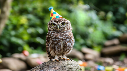 Cute little owl wearing a colorful polka dot party hat perched on a log outdoors. Use for birthday, celebration, humor, nature, or whimsical animal blogs/sites.