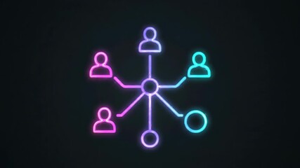 A glowing neon diagram on a dark background illustrating a network of interconnected people and nodes.