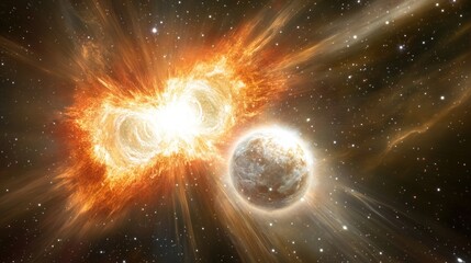 Obraz premium Distant planet and nebula explosion in deep space with stars shining brightly in the dark cosmic sky background